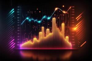 Business economic charts with light effects, neon. Abstract neon background, growth and fall analytics. Stock market trading investment candlestick graph. Finance and economy concept. photo