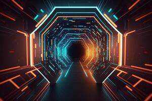 Abstract neon lights into digital technology tunnel. Futuristic technology abstract background with lines for network, big data, data center, server, internet, speed. technology photo