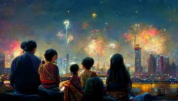 Asian family watching firework and celebrating together. Happy new year by painting. photo