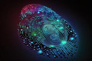 Photo of Holographic Fingerprint Security in the Digital Age, Protecting Big Data with AI Technology . Fingerprint integrated in a printed circuit, releasing binary codes.