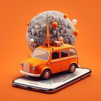 Online mobile application taxi ordering service , Orange taxi car driving along the route to the marker on a smart phone, on a city map. Car and satellite navigation systems concept. photo