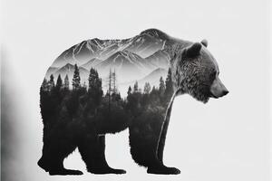 Double exposure of a bear and jungle on white background. Camping concept. Vintage Grizzly for t-shirt design, sticker, poster, and wallpaper. Adventure bear illustration photo