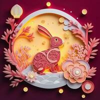 Paper cut quilling multidimensional chinese style cute zodiac rabbit with lanterns, blossom peach flower in background, chinese new year. Lunar new year 2023 concept photo