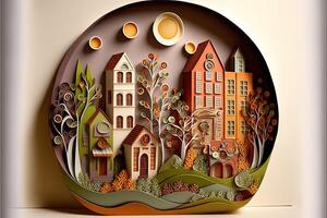 paper quilling style urban design. Multidimensional paper quilling craft illustration a small city. photo