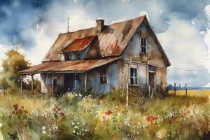Old barn cottage watercolor painting. photo