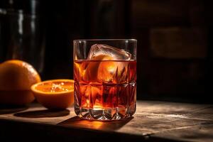 A handcrafted negroni drink complete with ice and an orange slice sitting on a wooden table in a vertical closeup. photo