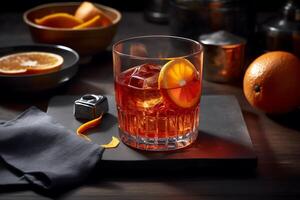 Savor the bittersweet flavors of a negroni with a twist of orange on a grey table. photo
