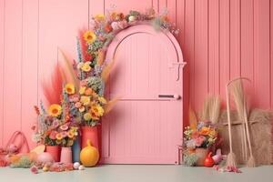 Soft front angle wall isolated pink barn door watermelon arch frame with many colorful flowers vase flowers colorful grass. photo