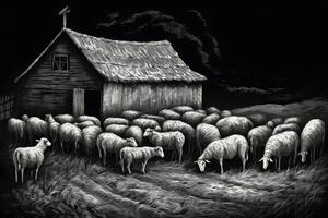 aprisco granero granja animales grabado trama ilustración bosquejo rasguño tablero imitación. ai generado foto