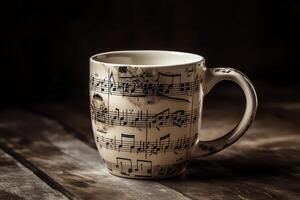 Coffee mug with music themed design such as sheet music technology. photo