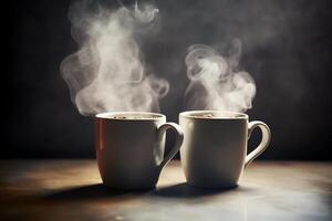 Two coffee mugs with steam rising out of the top of the mugs with a heart shaped design on the outside of the mugs. photo