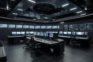 Empty interior of big modern security system control room workstation with multiple displays monitoring room with at security data center empty office desk and chairs. photo