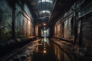 Old historical vaulted flooded underground drainage tunnel. photo