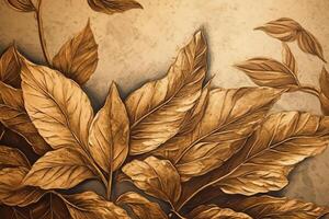 Golden leaves on a beige textured wall art drawing interior photo wallpaper.