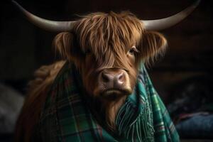 Scottish highland cow wearing green tartan shawl. photo