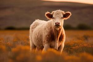 Fluffy cow in beautiful plain field. AI Generated photo