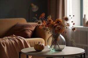 Design scandinavian interior of living room with flowers in vase and elegant personal accessories. photo