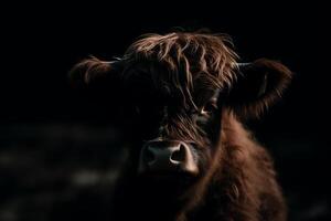 retrato de tierras altas vaca becerro en Escocia oscuro colores. ai generado foto