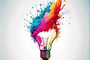 illustration of colorful bulb with splash of colors on white background. Creativity, eureka, imagination, inspiration. . Idea and solution concept photo