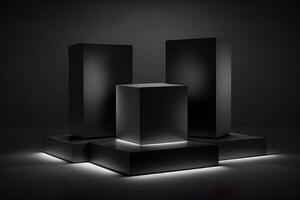 elegante Tres negro cubo estar para producto colocación Bosquejo. oscuro podio exposición escena antecedentes. mínimo caja plataforma sala de exposición con Mancha ligero generativo ai foto