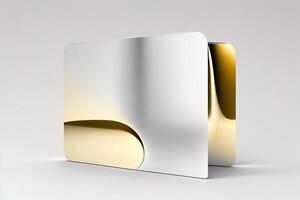 a white card for mockup, horizontal rectangular with rounded corner shapes, front view, stunning light, studio light, reflexion of hundred fine lines of gold reflection, white background photo