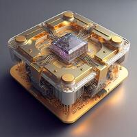 a quantum chip, A futuristic glowing CPU quantum computer processor. Digital chip with HUD elements. Futuristic microchip processor. Modern CPU illustration . Central Computer Processors photo