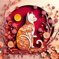 Paper cut quilling multidimensional chinese style cute zodiac cat with lanterns, blossom peach flower in background, chinese new year. Lunar new year 2023 concept. photo