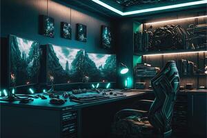 Spectacular gaming room interior, gaming pc, gaming desk, game setup room, tv, desk for five People, futuristic, LED lights, cyberpunk color. photo