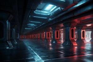 Alien sci fi futuristic columns spaceship blue red lights hangar big concrete cement asphalt basement hallway studio showroom bunker garage 3d rendering. photo