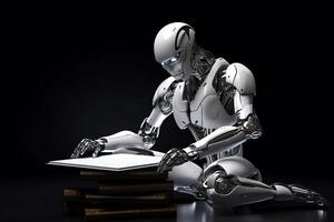 Robotic cyborg pressing robot is sitting and reading a book artificial intelligence banner place text. photo