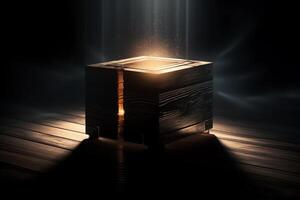 misterioso mágico caja apertura con rayos de ligero alto contraste imagen 3d representación ilustración. ai generado foto