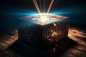Mysterious magical box opening with rays of light high contrast image 3d rendering illustration. photo