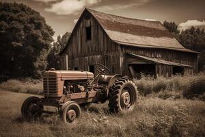 antiguo granero y tractor. ai generado foto