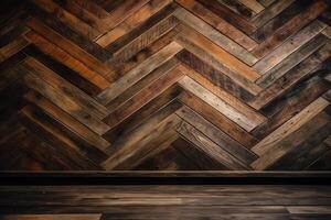 Old shabby wooden wall panel made of barn boards dark wood texture wooden background with chevron pattern. photo