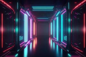 Abstract neon lights into digital technology tunnel. Futuristic technology abstract background with lines for network, big data, data center, server, internet, speed. technology photo