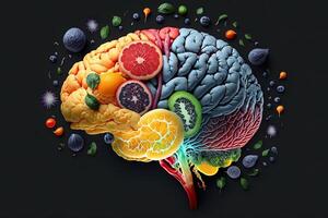 Human brain made of fruits and vegetables created using technology. Concept of nutritious foods for brain health and memory. Illustration Healthy brain food to boost brainpower nutrition photo