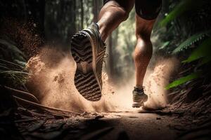 Close-up at the runner feet is running on the dirt route at the jungle, street and road. Trail running sport action and human challenge concept. photo