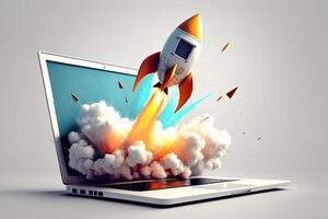 Rocket coming out of laptop screen, white background. AI digital illustration concept of ideas and start up. photo