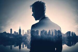 The double exposure image of the business man standing back overlay with cityscape image. The concept of modern life, business, city life and internet of things. photo