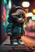 juguete linda gato en ropa chaqueta y zapatillas en calle antecedentes con neón Encendiendo, generativo ai foto