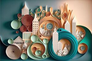 paper quilling style urban design. Multidimensional paper quilling craft illustration a small city. photo