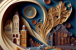 paper quilling style urban design. Multidimensional paper quilling craft illustration a small city. photo