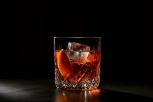 Negroni cocktail with a dark background. AI Generated photo