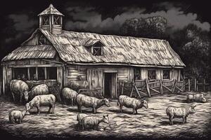 aprisco granero granja animales grabado trama ilustración bosquejo rasguño tablero imitación. ai generado foto