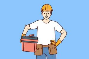 Male foreman holds case of working tools for furniture repair or plumbing work and looks at screen with smile. Guy in helmet of builder works as foreman or builder providing professional services vector