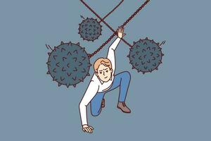 Brave man dodges prickly balls suspended from chain, symbolizing business problems and obstacles to success. Guy demonstrates leadership qualities by overcoming problems and adapting to situation vector