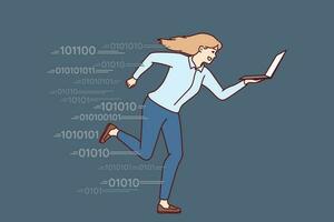 Running woman with laptop symbolizes ambition and pursuit of success in business and corporate careers. Businesswoman using laptop running symbolizing high speed 5g internet and fast job completion vector