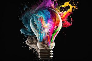 illustration of colorful bulb with splash of colors on black background. Creativity, eureka, imagination, inspiration. . Idea and solution concept photo