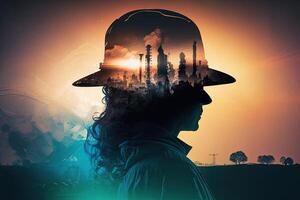 Conceptual graphic design of an energy sector and future manufacturing. With double exposure artwork, an oil, gas, and petrochemical refinery facility demonstrates the future of power. photo