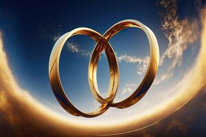 A pair of gold wedding rings floating in the sky. two wedding rings floating in the clouds with a sun in the background and a blue sky with clouds below them. . Wedding concept. photo